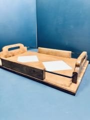 2 Karolu Metal Köşeli Ahşap Sunum Tepsisi