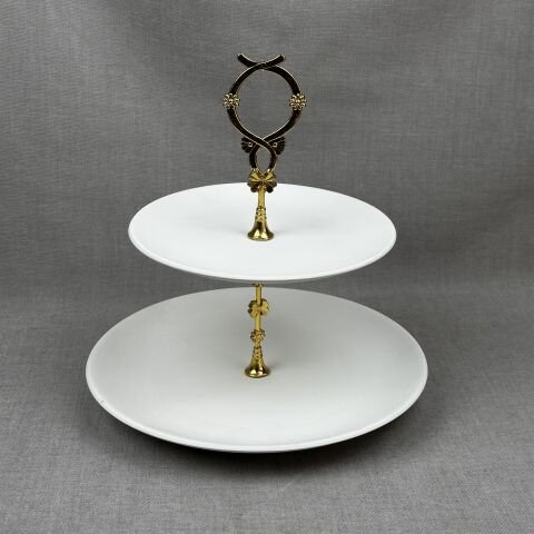 Katlı Servis Tabak Takımı Çiçekli Altın Aparat - 25cm-30cm Mertaban Tabak
